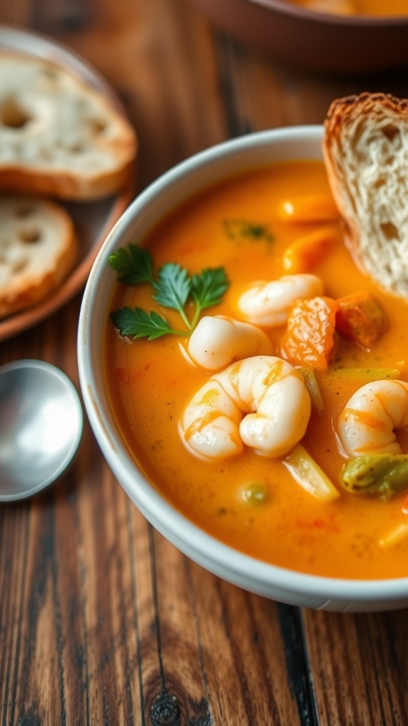 A bowl of shrimp bisque garnished with parsley, alongside crusty bread, displayed on a rustic wooden table.